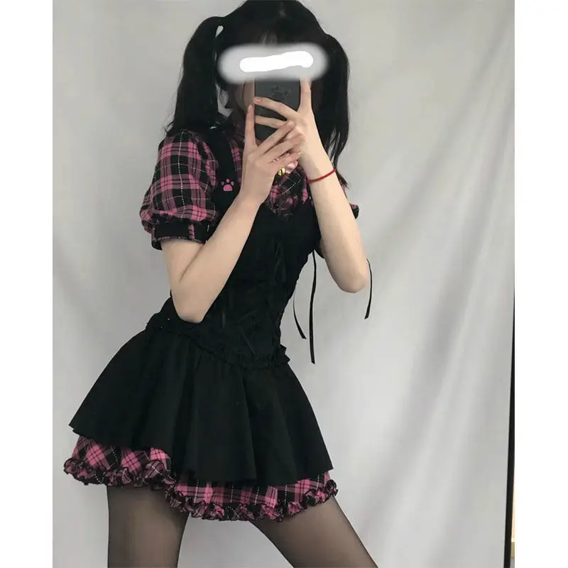 Mini vestido de festa lolita kawaii rosa para mulheres, manga